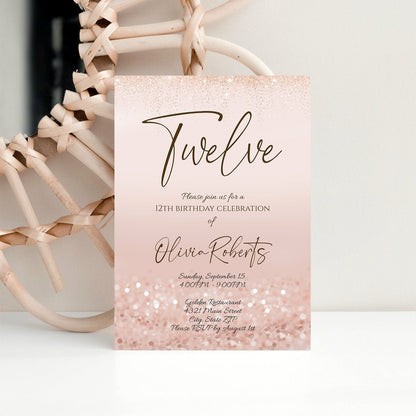 Luxury 12th Birthday Invitation Template - Rose Gold Glitter Design