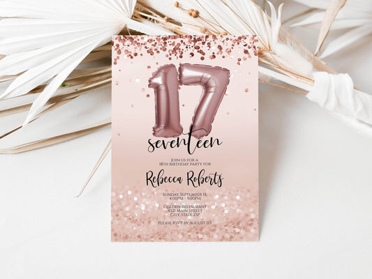 Printable 17th Seventeen Birthday Rose Gold Balloon Invitation Template, Editable Girl 17th Party Invite, Digital Evite, Text Message Download