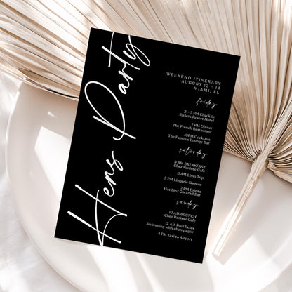 Printable Black Hens Party Weekend Itinerary Template – Editable Minimalist Bachelorette Weekend Schedule – Hen Party Events Itinerary – Instant Download