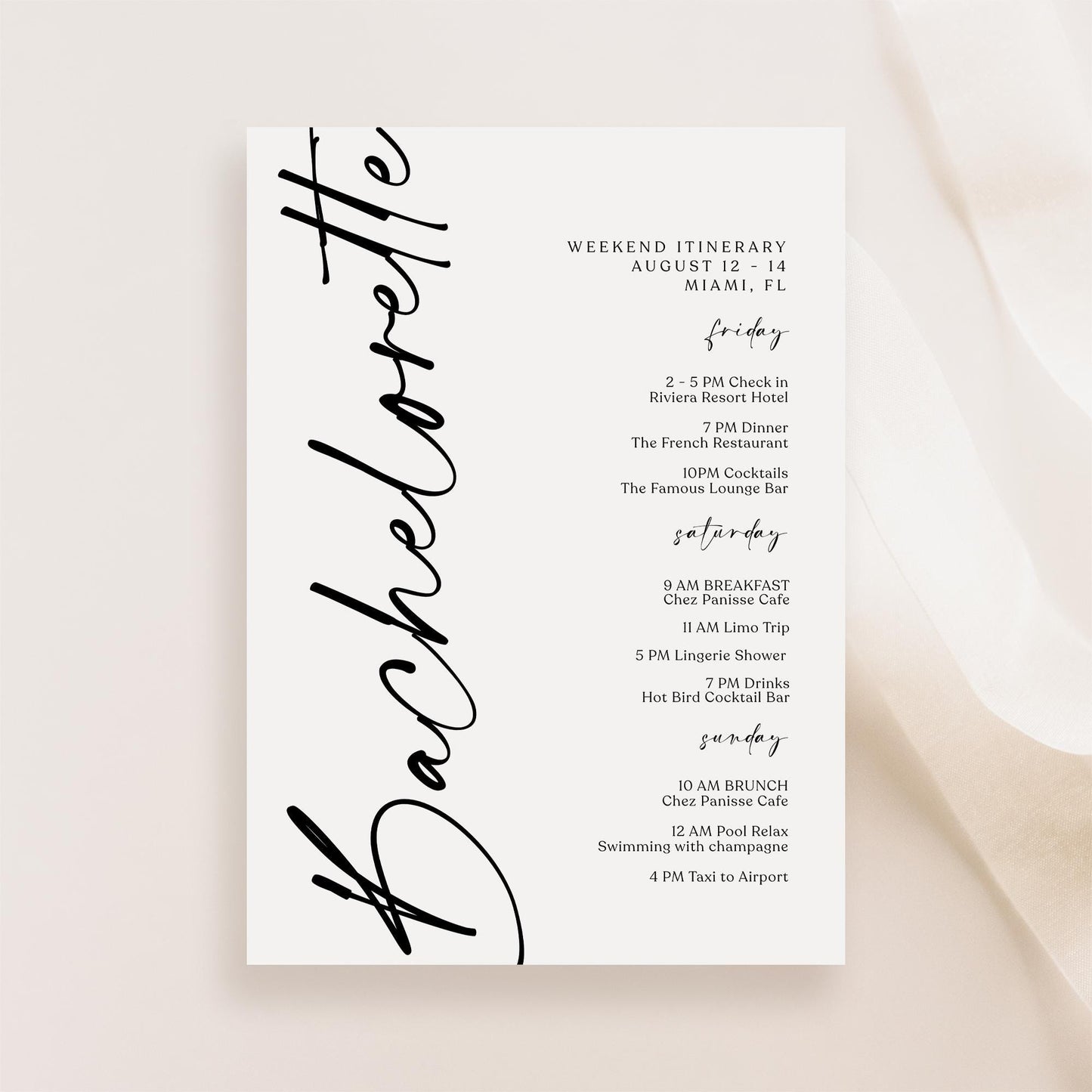 Printable Bachelorette Weekend Itinerary Template, Editable Hens Party Schedule, Minimalist Weekend Planner, Instant Download