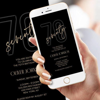 Electronic Black Gold 70th Seventy BIRTHDAY Invitation Evite, Phone Email text message invite, Editable Template, Digital Mens Invite DIY