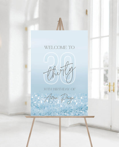 Editable 30th Birthday Welcome Sign, Blue Silver Confetti Poster, Printable Thirty Party Sign, DIY Birthday Board Template Download