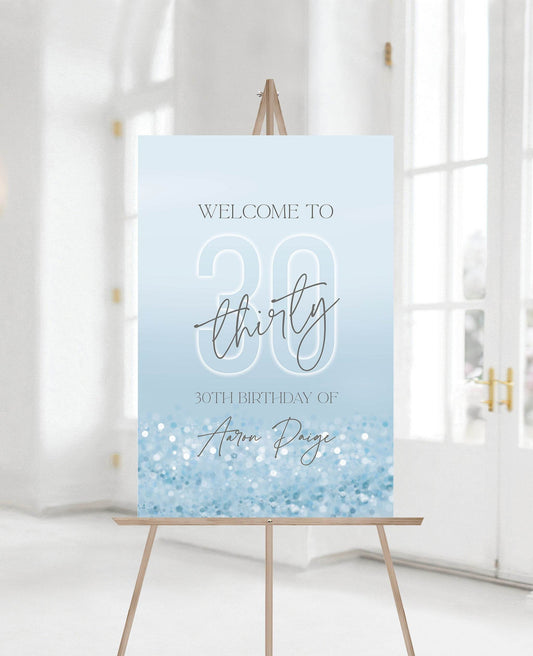 Editable 30th Birthday Welcome Sign, Blue Silver Confetti Poster, Printable Thirty Party Sign, DIY Birthday Board Template Download