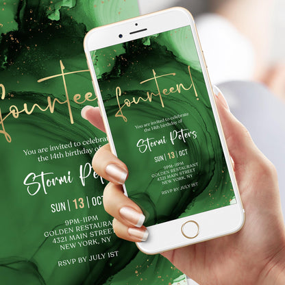 14th Birthday Invitation Template - Green Emerald Gold Foil Design | Instant Download
