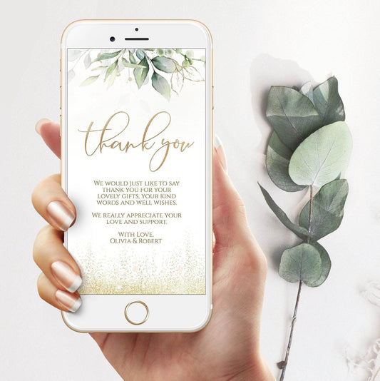 Electronic Greenery Thank You Card Template, Editable Watercolor Thank You eCard, Phone Text Message Note, Digital Download