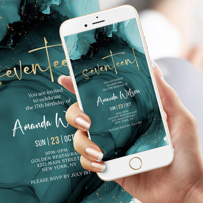 Digital Teal Gold 17th Seventeen Birthday Invitation Template, Electronic Modern Party Invite, Editable Boy Girl Invite, Text Message Evite