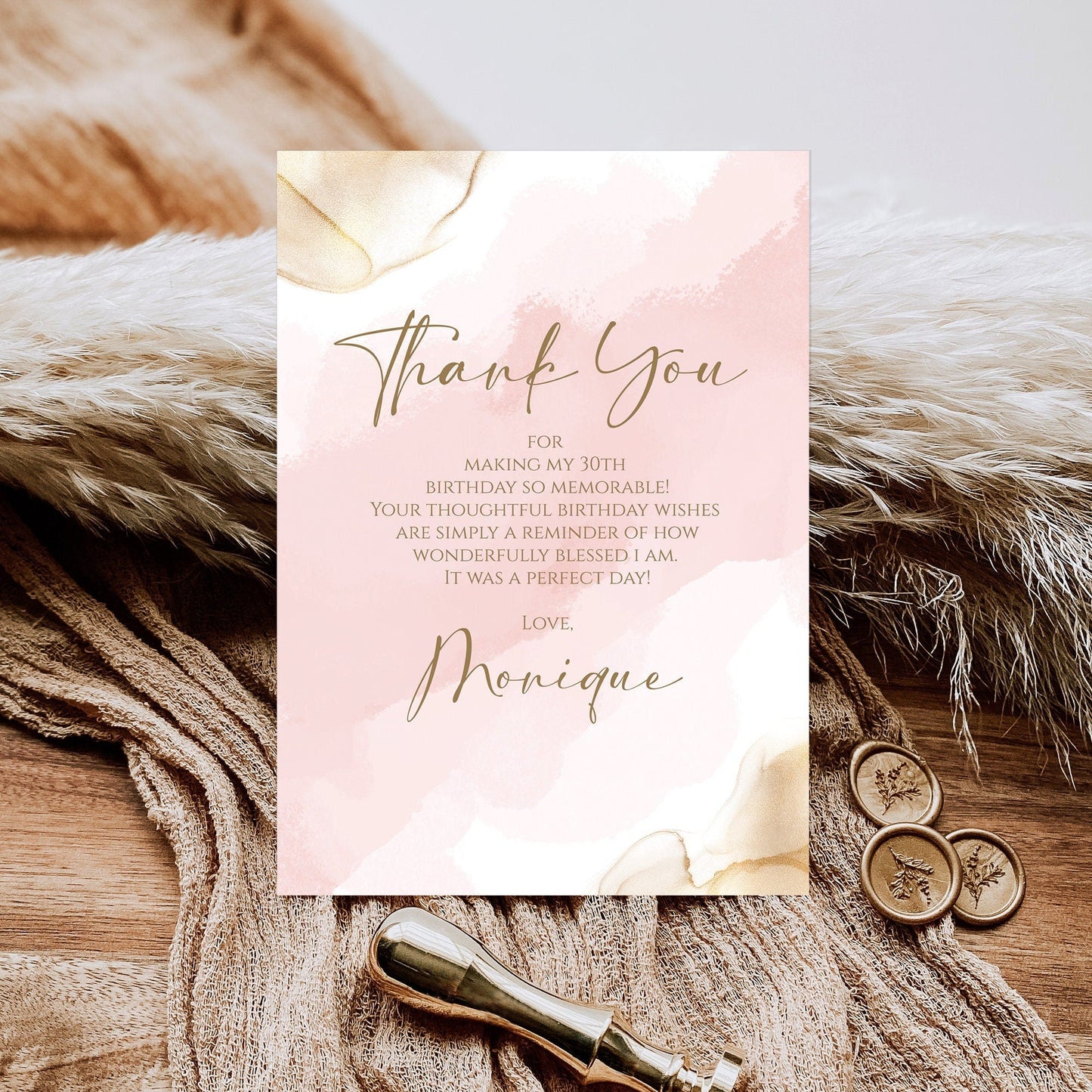 Pink Gold Watercolor Birthday Thank You Card, Thank You Card Anniversary, Editable Thank You Card, Thank You Template, Pink Digital Template