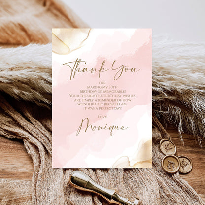 Pink Gold Watercolor Birthday Thank You Card, Thank You Card Anniversary, Editable Thank You Card, Thank You Template, Pink Digital Template