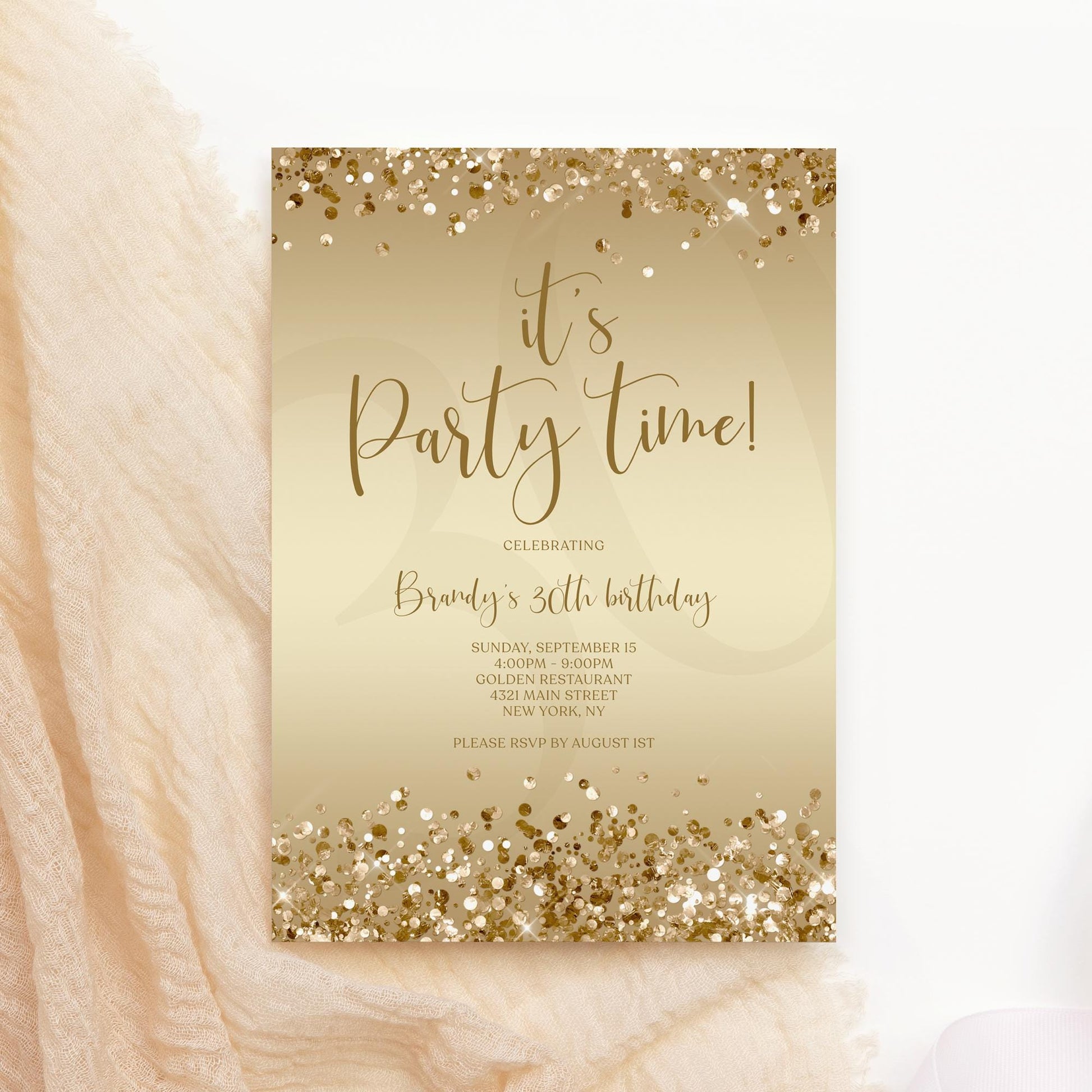 Gold Party Time Invitation Template - Luxury Editable Design