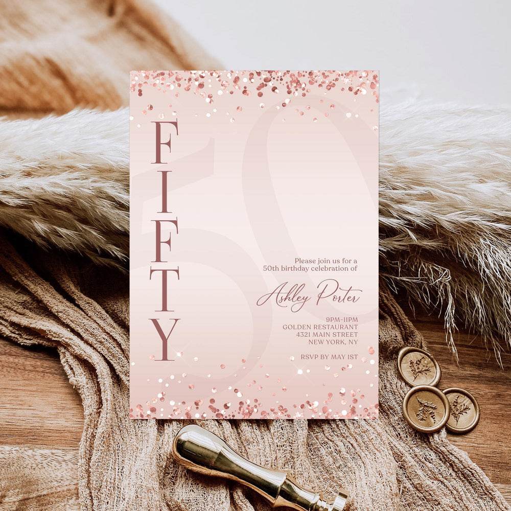 Pink Rose Gold 50th Birthday Invitation Template | Editable Surprise Party Invite | Printable & Digital Evite for Email or Text