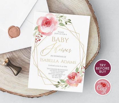 Blush Floral Baby Shower Invitation Template, Gold Geometric Girl Baby Sprinkle Invite, Editable Digital Download, Printable Invite