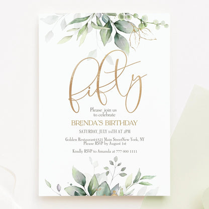 Printable 50th Fifty Birthday Greenery Boho Invitation Template, DIY Editable Invite, Email Text Message, Gold Foil Leaves, Instant Download