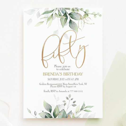 Printable 50th Fifty Birthday Greenery Boho Invitation Template, DIY Editable Invite, Email Text Message, Gold Foil Leaves, Instant Download