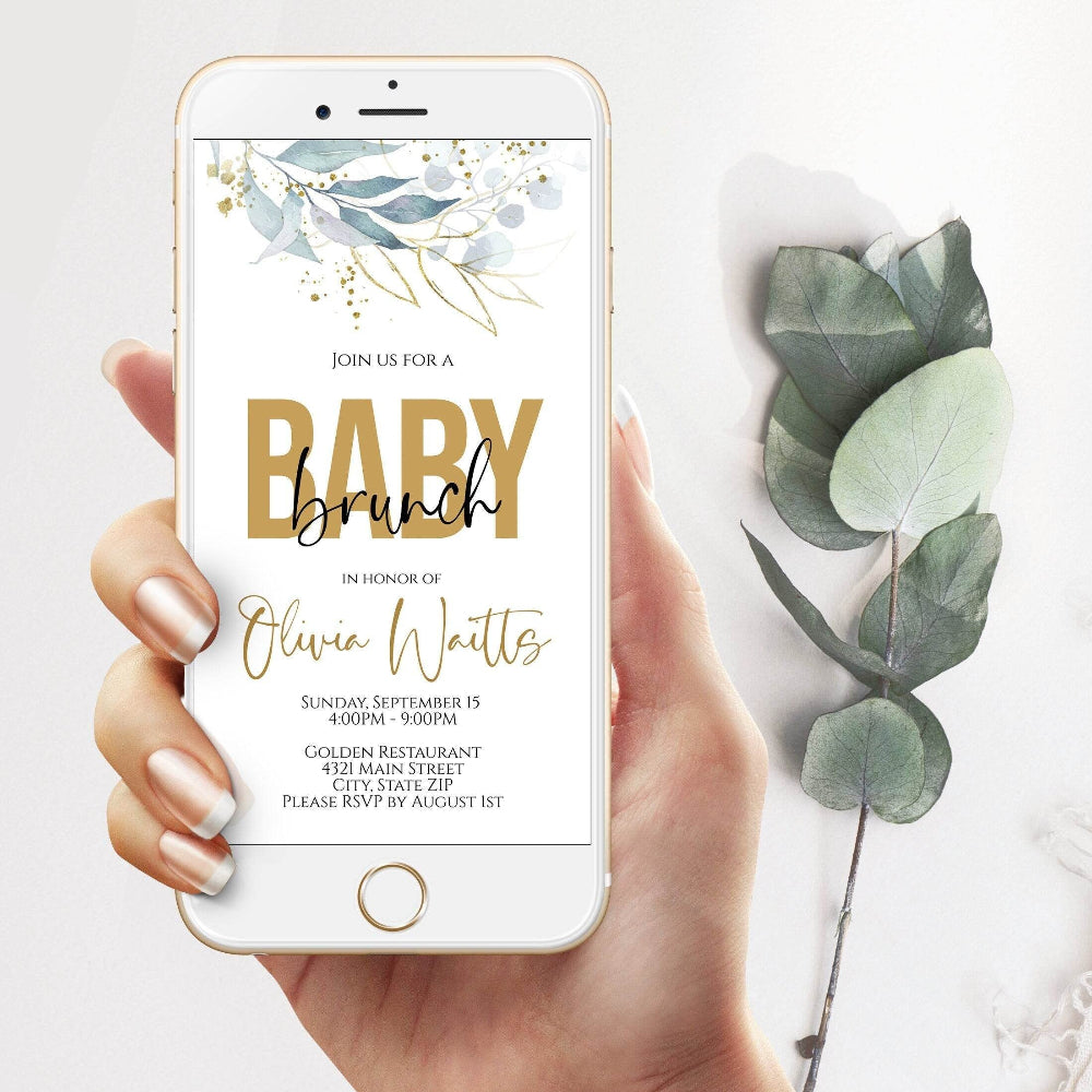 Editable Digital Baby Brunch Invitation, Greenery Baby Shower Evite Template, Text Message Invite, Instant Download Electronic Card