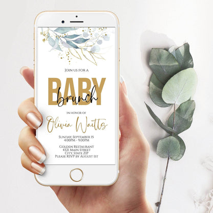 Editable Digital Baby Brunch Invitation, Greenery Baby Shower Evite Template, Text Message Invite, Instant Download Electronic Card