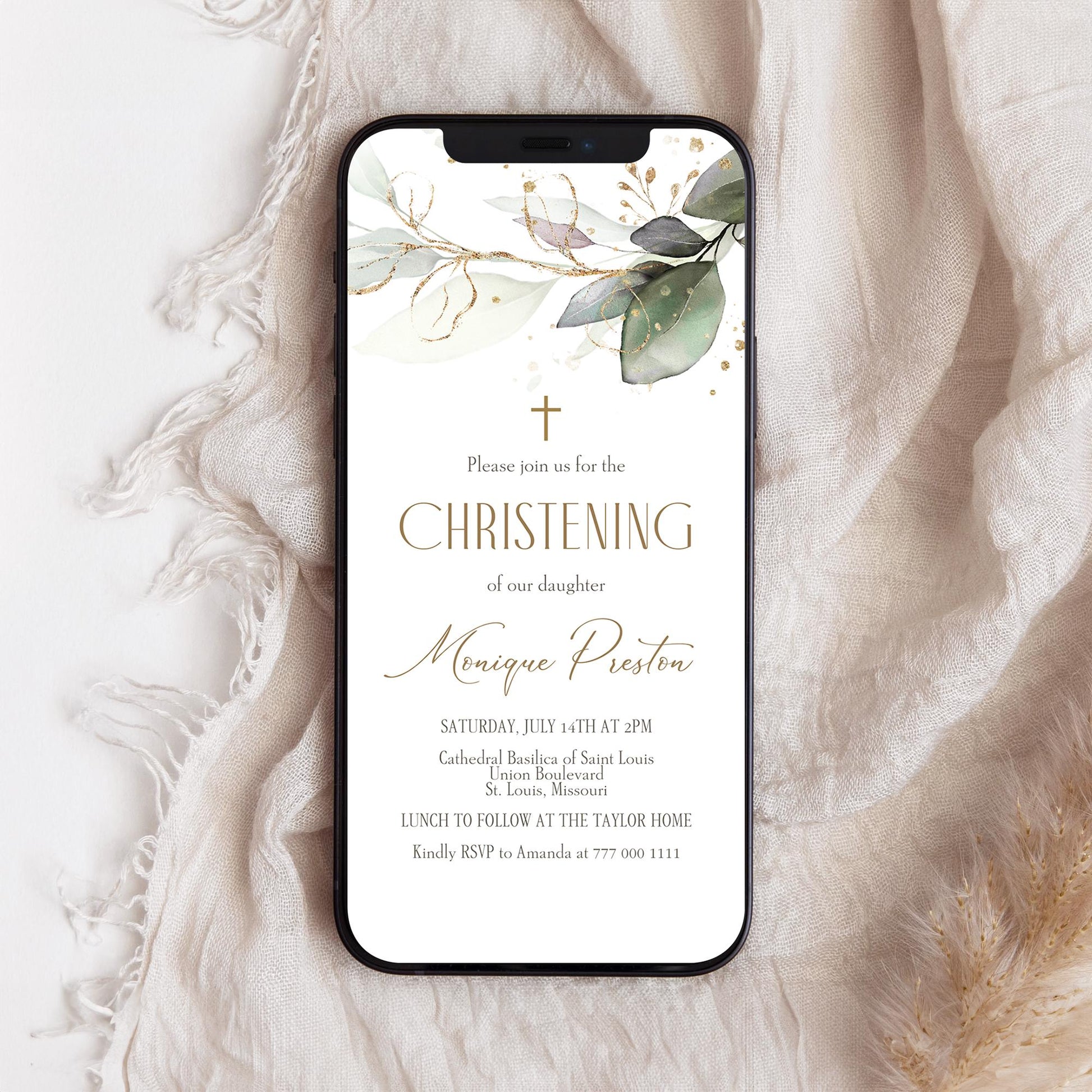 Digital Greenery Christening Invitation Template, Electronic Christening Invite, Boy Girl Christening, Editable Baptism Text Message Evite