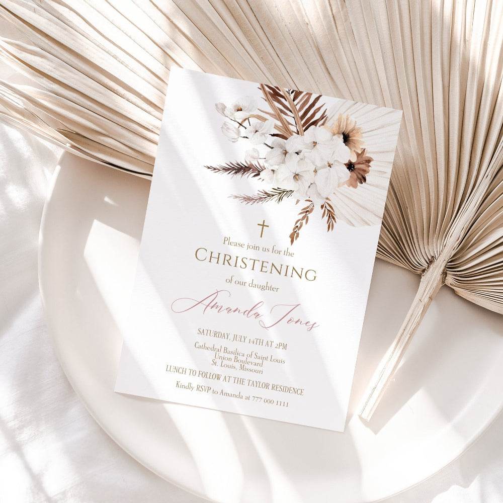 Printable Girl’s Christening Invitation – Boho Pink Baptism Invitation Template | Editable Baptismal Invite for Baby Girl | Instant Download