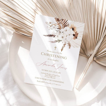 Printable Girl’s Christening Invitation – Boho Pink Baptism Invitation Template | Editable Baptismal Invite for Baby Girl | Instant Download