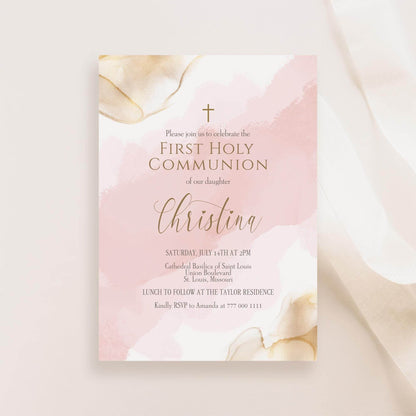 Girl First Communion Invitation Template, Printable Pink Gold Watercolor First Holy Communion Invite, Editable Card, Digital Text Evite Download