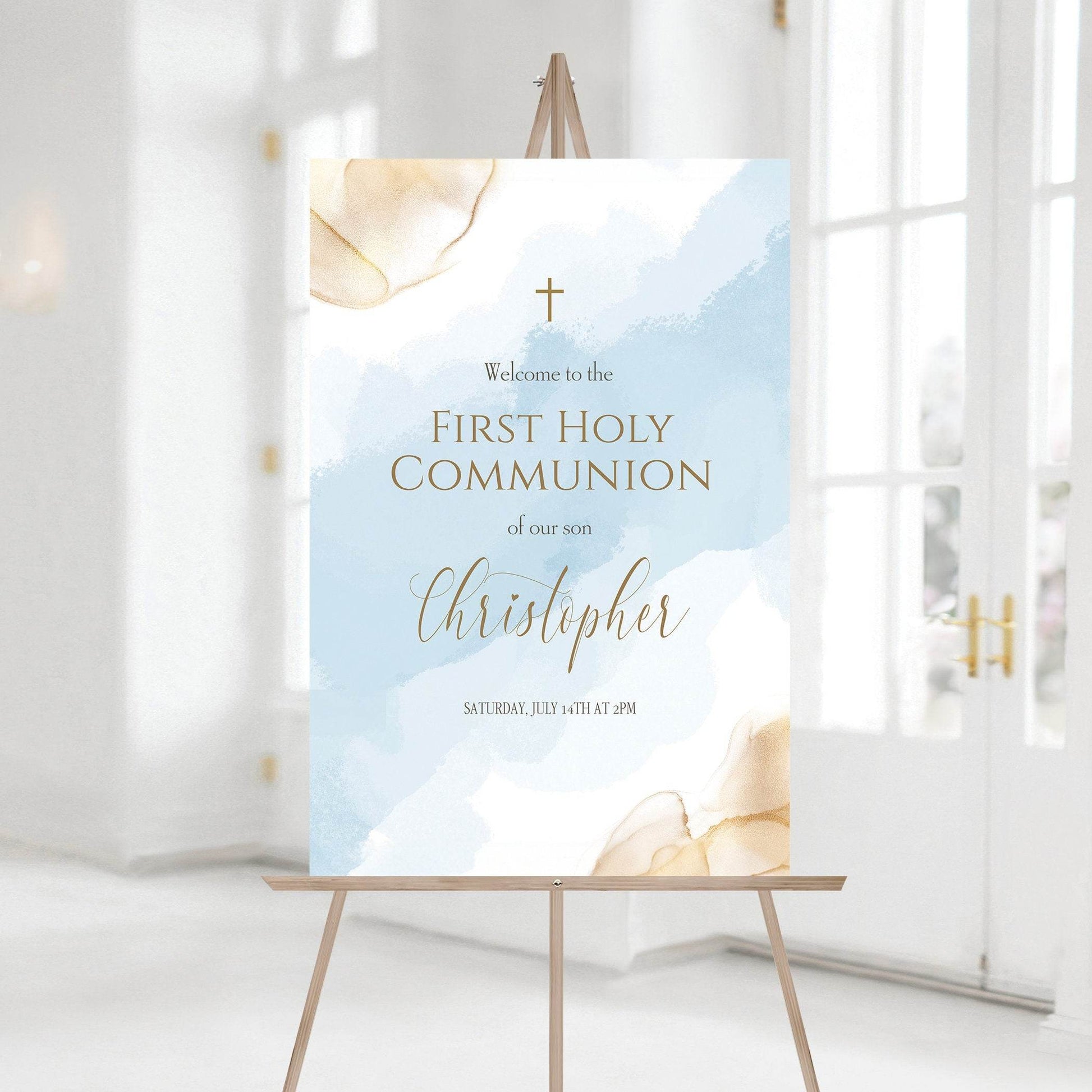 Boy First Holy Communion Welcome Sign - Blue & Gold Watercolor Christening Sign - Editable Printable Template - Instant Download