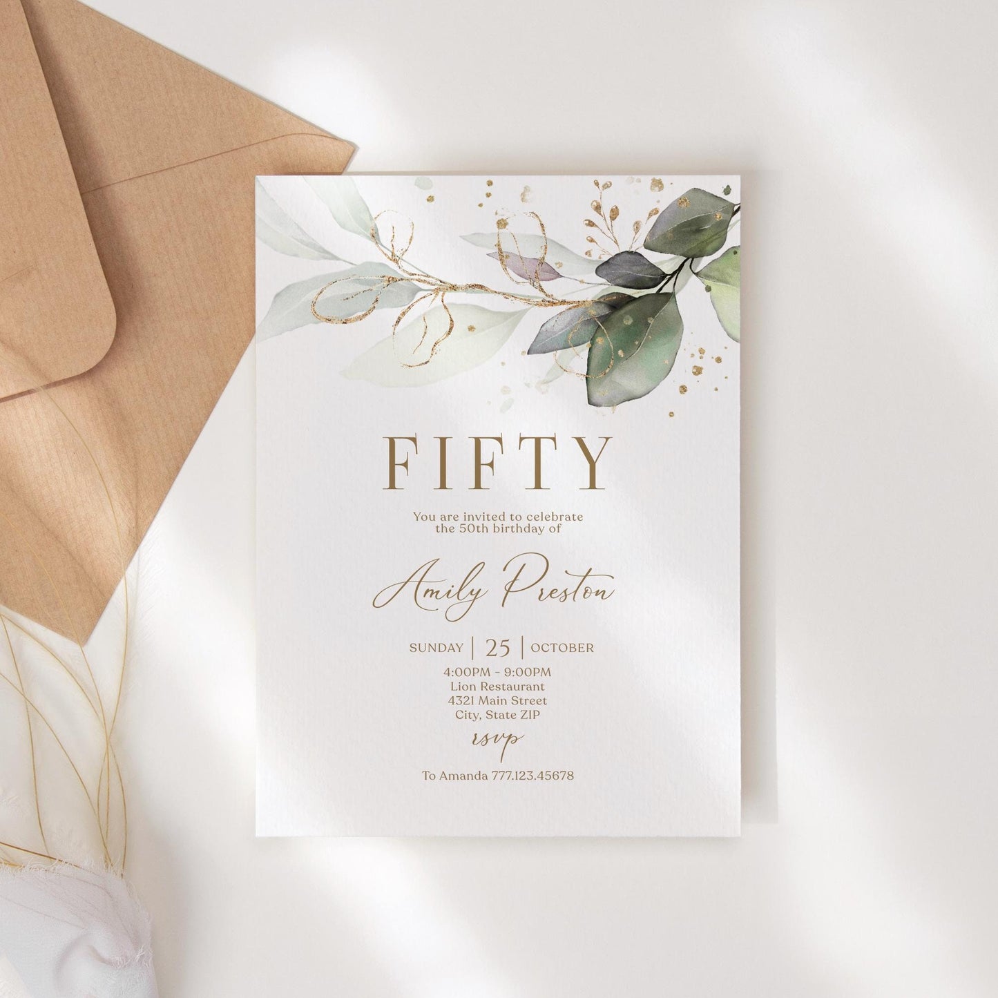 Editable Fifty 50th birthday Invitation Card Template, Printable Greenery Gold Leaves Birthday Invite, Digital Template, Email Text Message