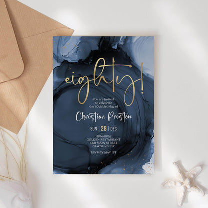 Blue Navy Gold 80th Eighty Birthday Invitation Template, Printable Men Birthday Invite, Editable Birthday Surprise Invite, Digital Download