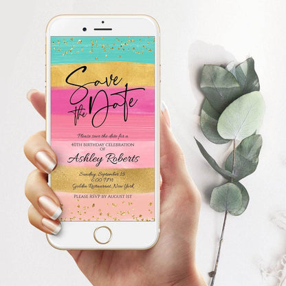 Save the Date Digital Invitation – Rainbow Gold Birthday Evite – Editable Text Message Template – Instant Download – DIY Invite
