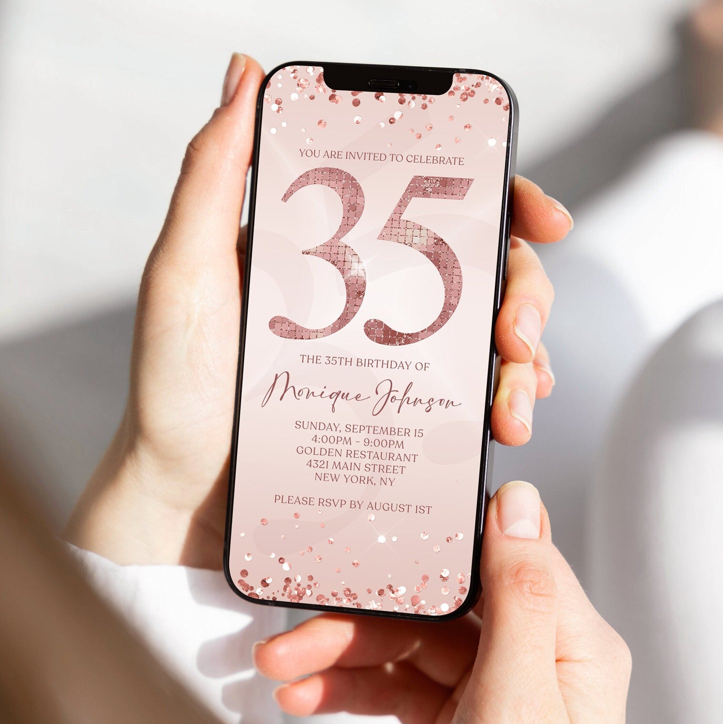 Electronic Thirty Five 35th Birthday Invitation Template, Digital Birthday Invite, Rose Gold Birthday Invitation, DIY Editable Mobile Evite