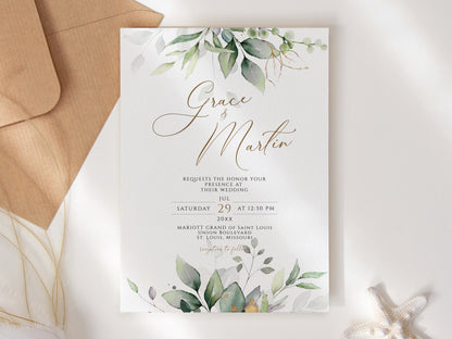 Elegant Wedding Invitation Template | Editable Greenery Design | Instant Download