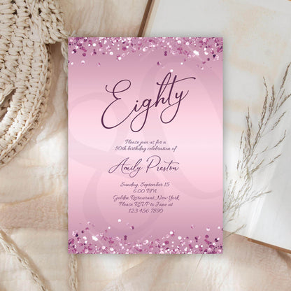 Editable 80th Birthday Invitation Template, Printable Purple Lavender Party Invite, Luxury Email Text Message Birthday Card, Instant Download
