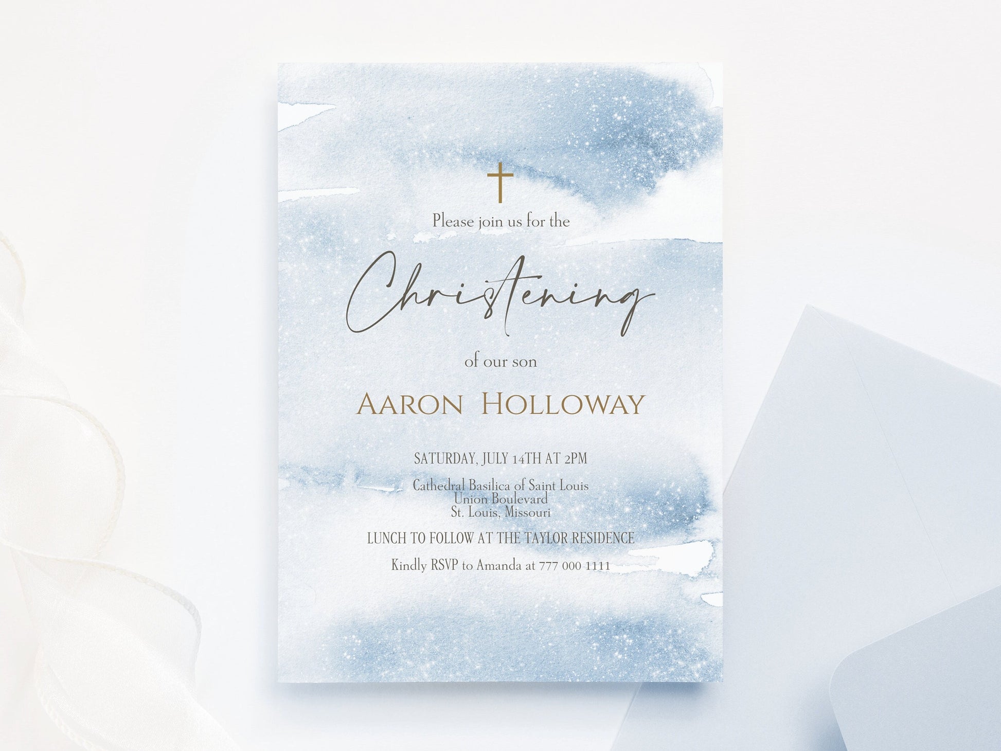 Printable Christening Boy Invitation, Blue Boy Christening Invite Template, Blue Gold Watercolor, Editable Baptism, Modern Digital Template