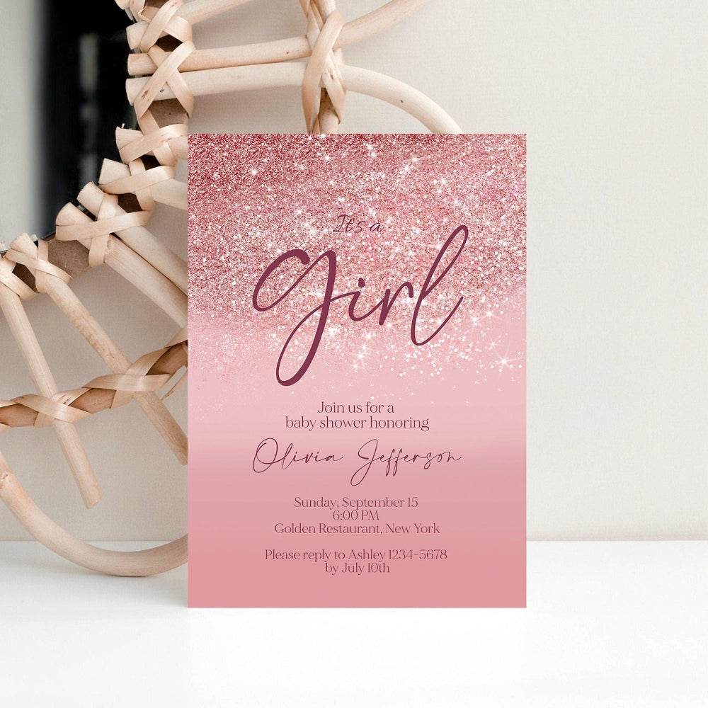It’s a Girl Baby Shower Invitation – Rose Gold Glitter Editable Template – Printable Girl Baby Shower Invite – Instant Download Digital Card