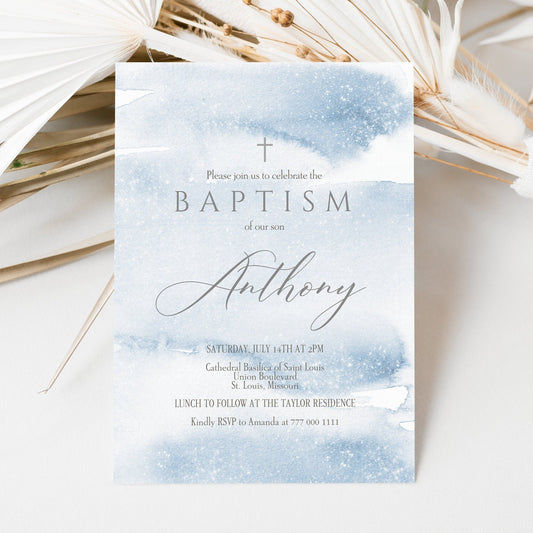 Blue Silver Boy Baptism Invitation Template, Editable Blue Watercolor Christening Invite, Printable Baptism Invitation, Email & Text Message