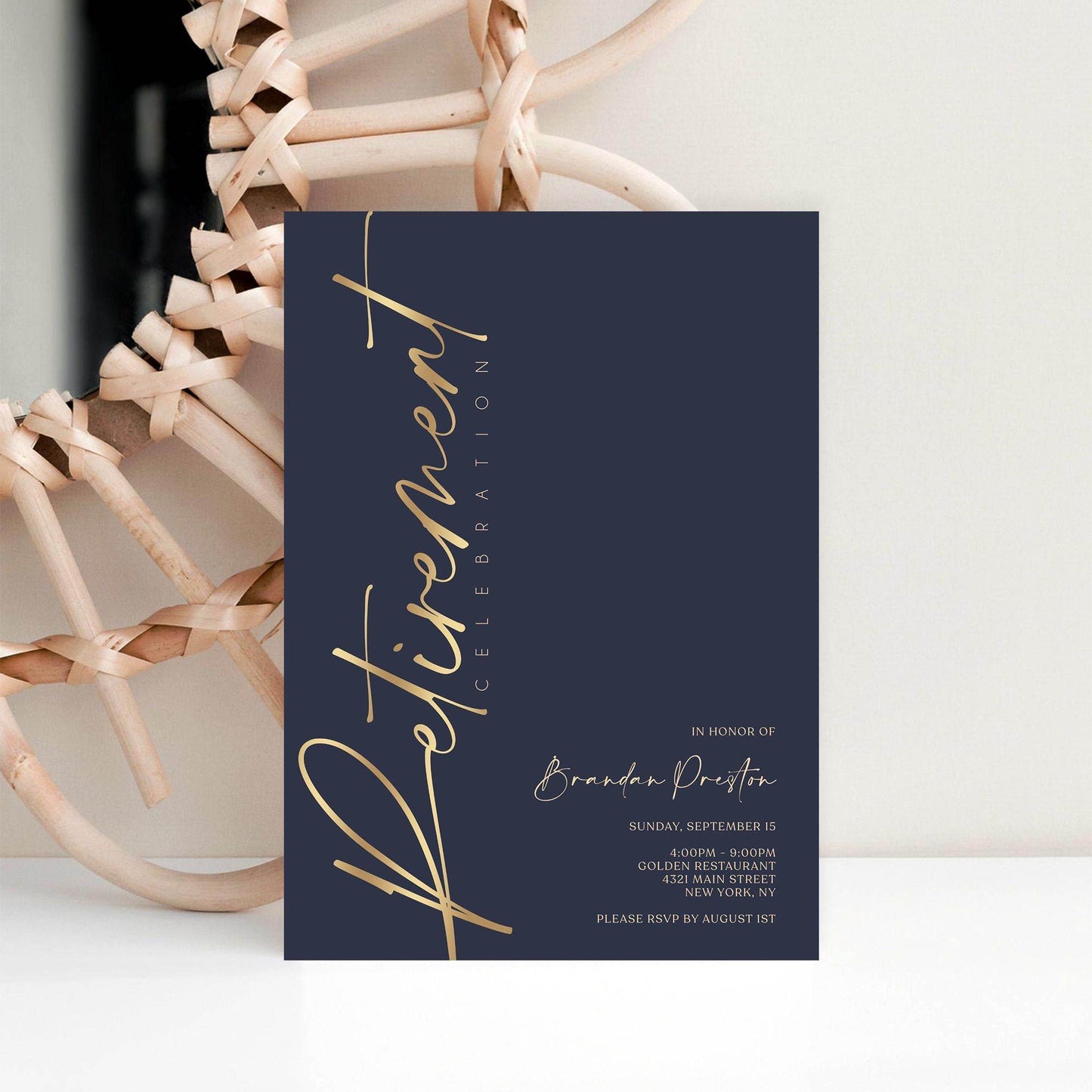 Navy Gold Retirement Party Invitation Template, Editable Digital Invite, Printable Retirement Card, Email & Text Message Evite, Instant Download