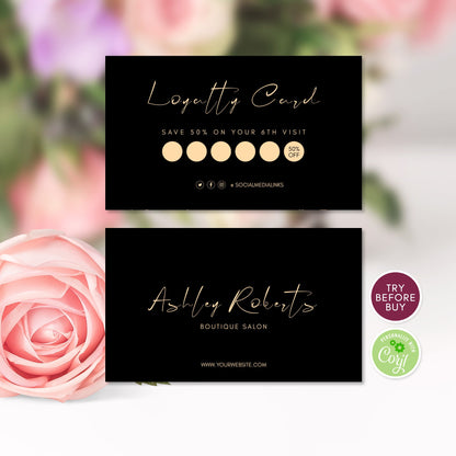 Editable Loyalty Card, Luxury Modern Black & Gold Minimalist Style, Business, Instant Download, Customer Loyalty Card, Reward Card Template