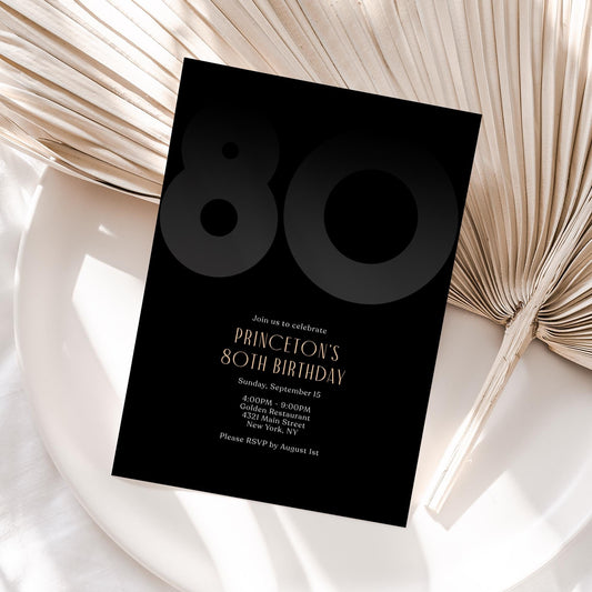 Black 80th Eighty Birthday Invitation Template, Editable Modern Party Invite for Him, Printable Black Elegant Invitation, Instant Download