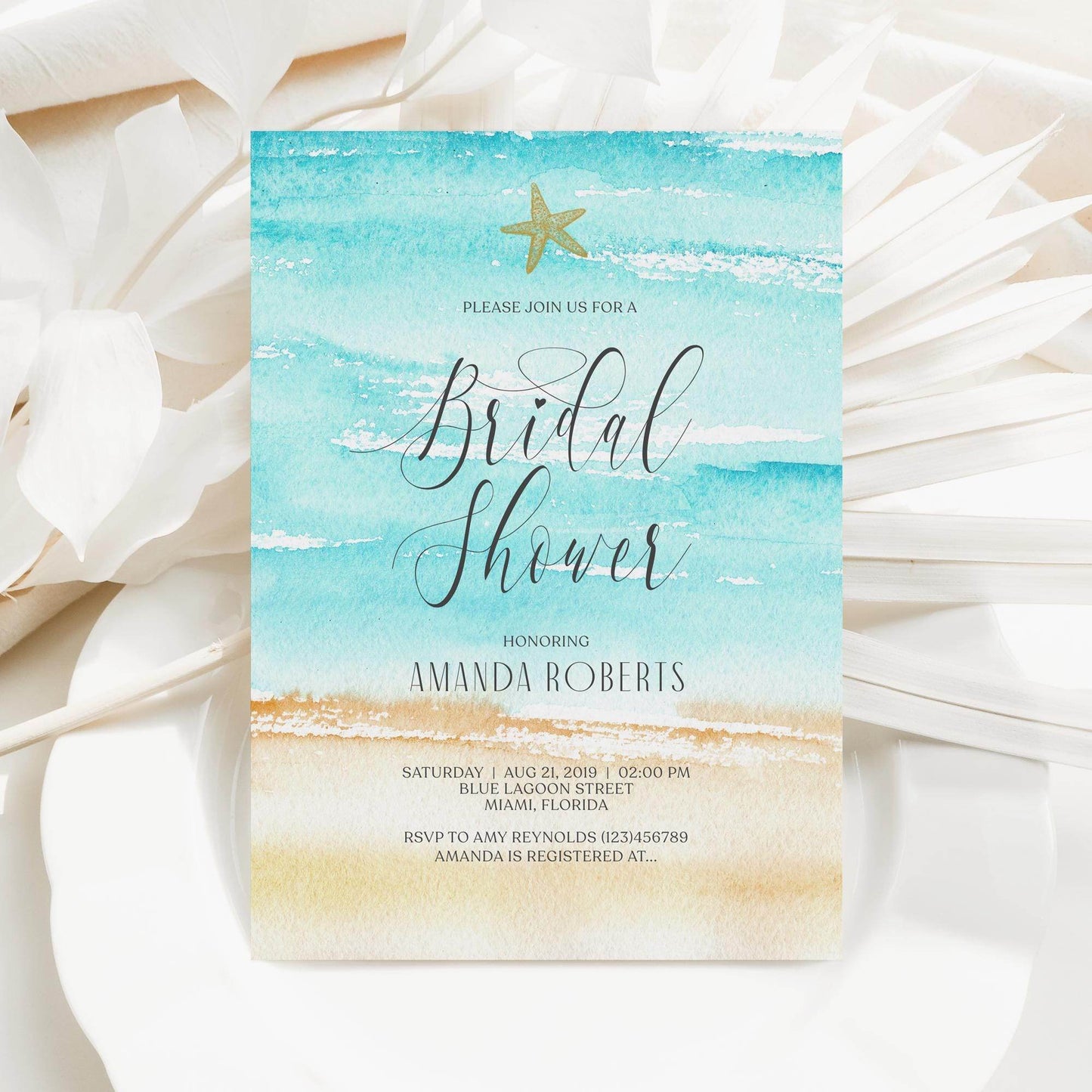 Editable Watercolor Beach Bridal Shower Invitation – Starfish Beach Theme Invite – Printable Bridal Shower Template – Instant Download