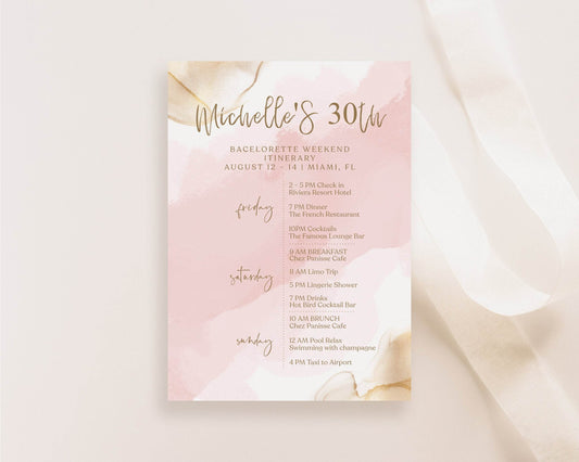 Printable Birthday Weekend Itinerary Template, Editable 30th Birthday Weekend Schedule, Pink Gold Party Planning Program, Instant Download
