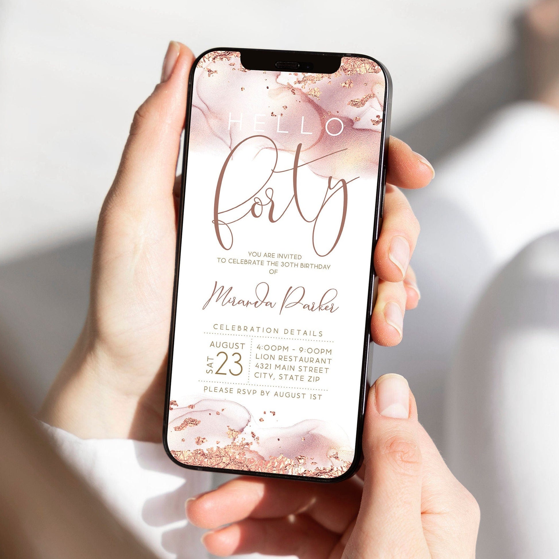 Digital Hello Forty Rose Gold Birthday Invitation Template, Electronic 40th birthday Evite, DIY Birthday Invite, Email Text Message Template