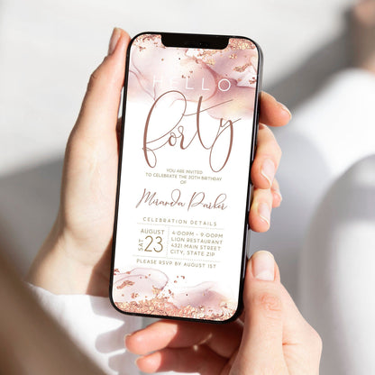 Digital Hello Forty Rose Gold Birthday Invitation Template, Electronic 40th birthday Evite, DIY Birthday Invite, Email Text Message Template