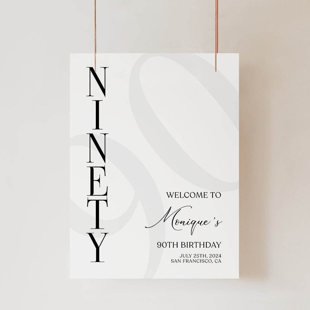 90th Birthday Welcome Sign Template, Minimal Editable Printable Poster, Simple Ninety Birthday Party Décor, Instant Download