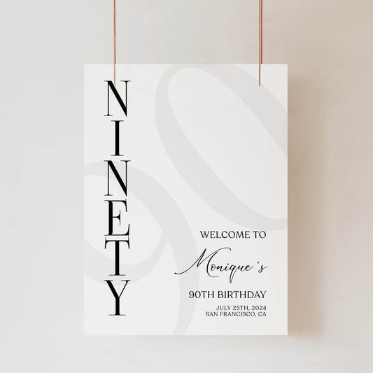 90th Birthday Welcome Sign Template, Minimal Editable Printable Poster, Simple Ninety Birthday Party Décor, Instant Download