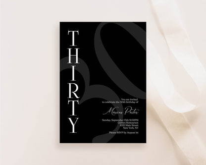 Printable Simple Black 30th Thirty Birthday Invitation Template, Editable Minimalist Any Age Men Invitation, Email Text Message, Download