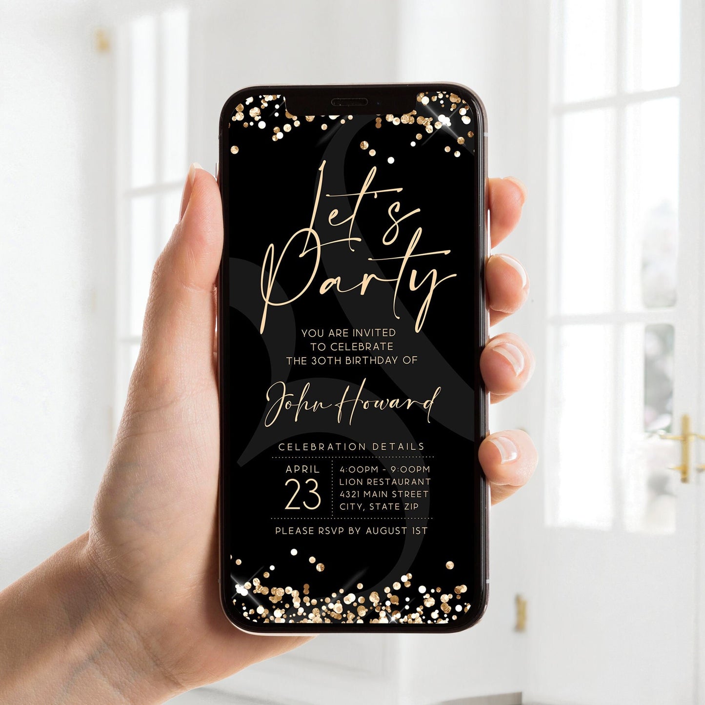 Digital Black Gold Let's Party Invitation Template, Electronic Birthday Invitation, Let's Party Text Message Evite, Editable Mobile Invite