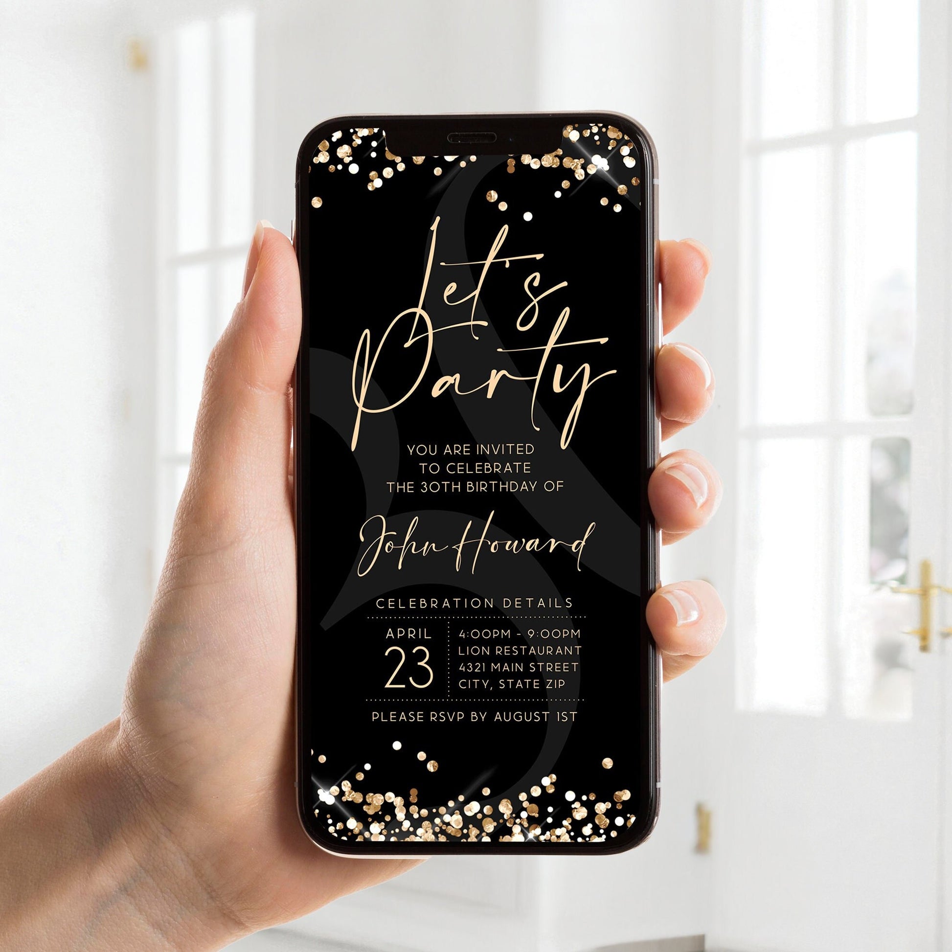 Digital Black Gold Let's Party Invitation Template, Electronic Birthday Invitation, Let's Party Text Message Evite, Editable Mobile Invite