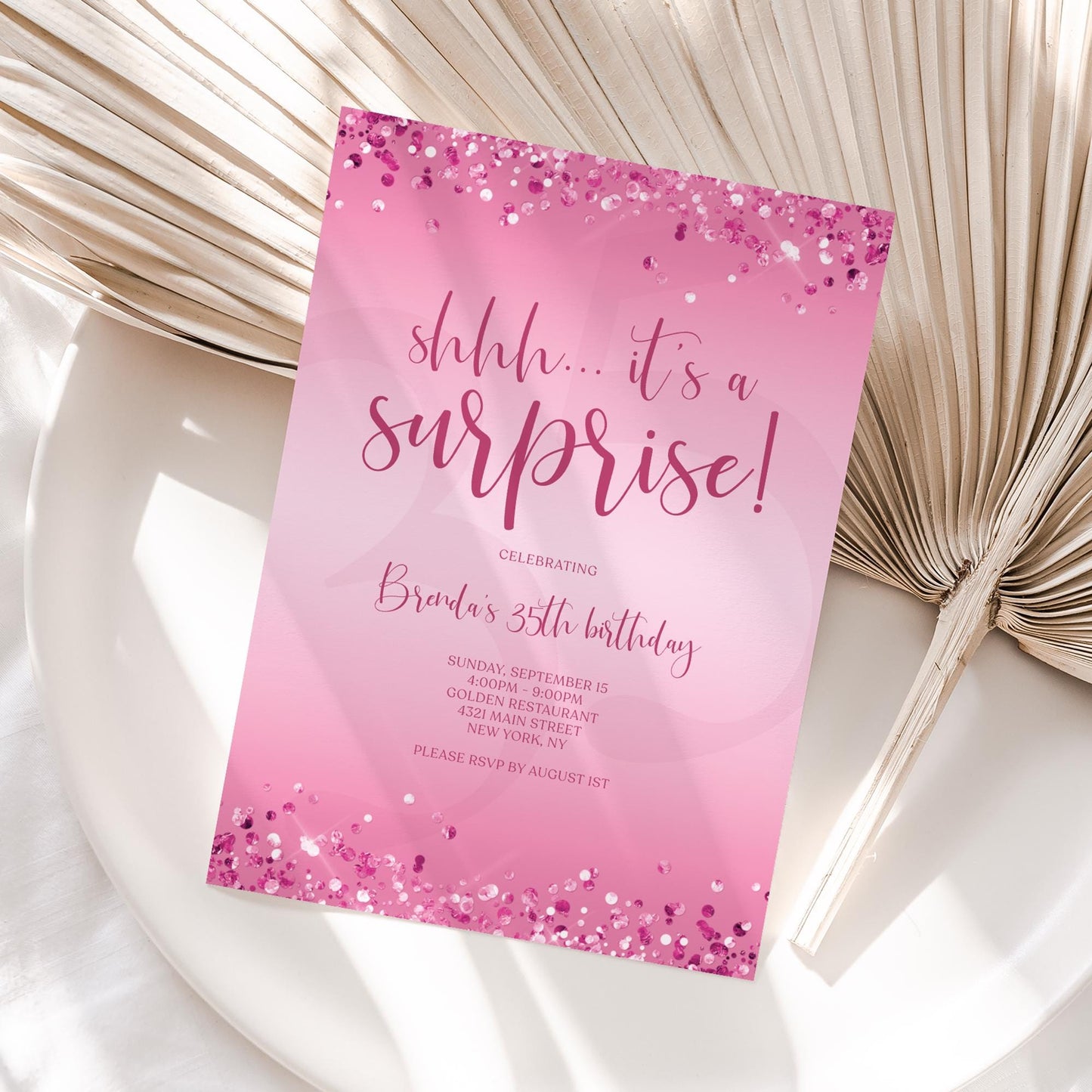 Surprise Birthday Invitation Template - Pink Confetti Design | Instant Download