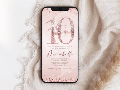 Digital Pink 10th Girl Birthday Invitation Template – Electronic Rose Gold Ten Birthday Evite | Mobile Party Invite | Instant Download