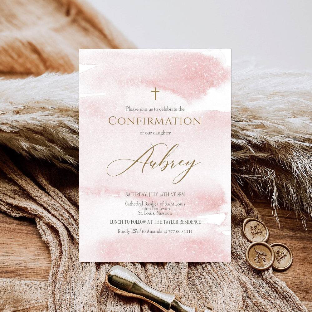 Editable Girl Confirmation Invitation Template - Pink Gold Watercolor, Digital Download, Text or Email Invite, Printable Catholic Card