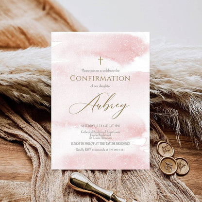 Editable Girl Confirmation Invitation Template - Pink Gold Watercolor, Digital Download, Text or Email Invite, Printable Catholic Card