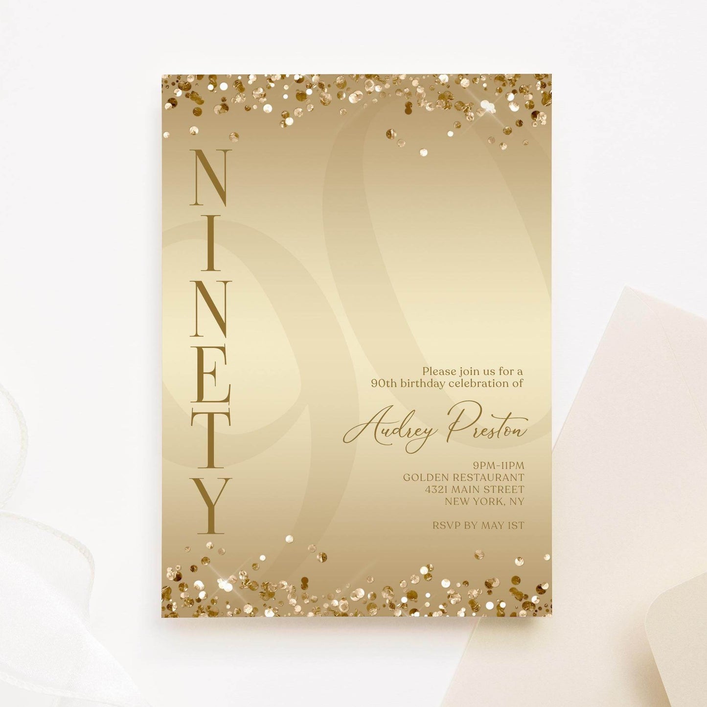 Luxury Gold 90th Birthday Invitation – Editable Surprise Party Template – Gold Foil Confetti Design – Printable & Digital – Instant Download